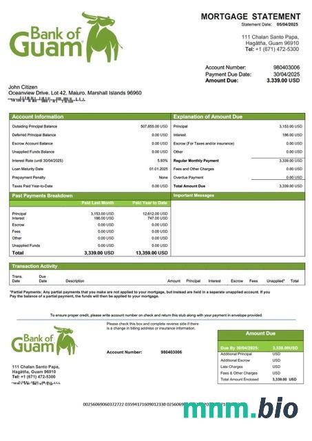 Wyspy Marshalla Bank of Guam wyciąg z kredytu hipotecznego szablon Word i PDF